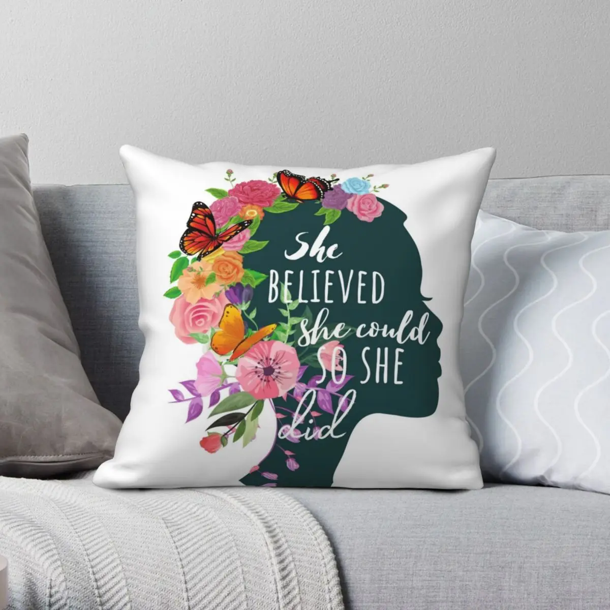 She Believed She Could So She Did Botanical Square Pillowcase Polyester Linen Velvet Zip Throw Pillow Case Sofa Seater Cushion