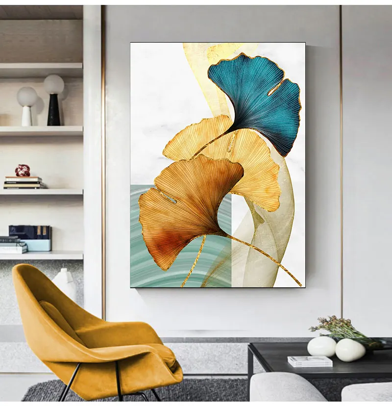 Modern Picture Living Room Decoration Blue Green Yellow Gold Plant Leaf Abstract Nordic Canvas Print Wall Art Painting