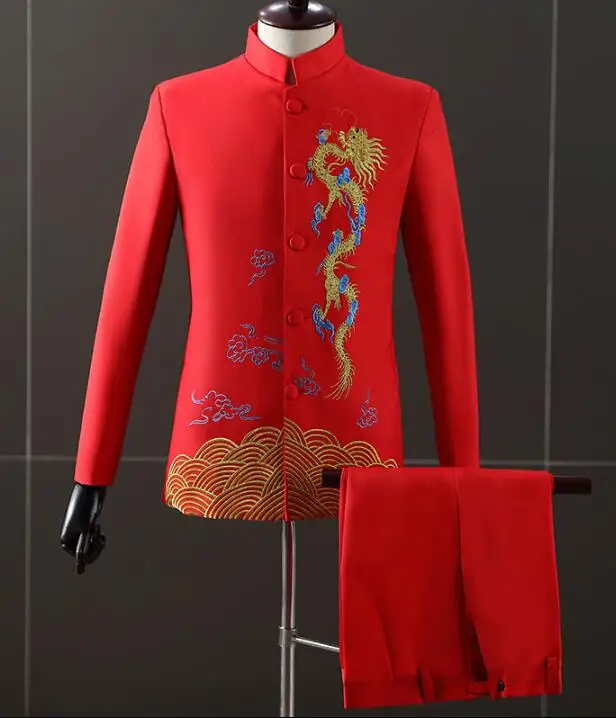 

Traditional Chinese Men Wedding Clothing Red Zhongshan Pant Suit Embroidery Dragon Stage