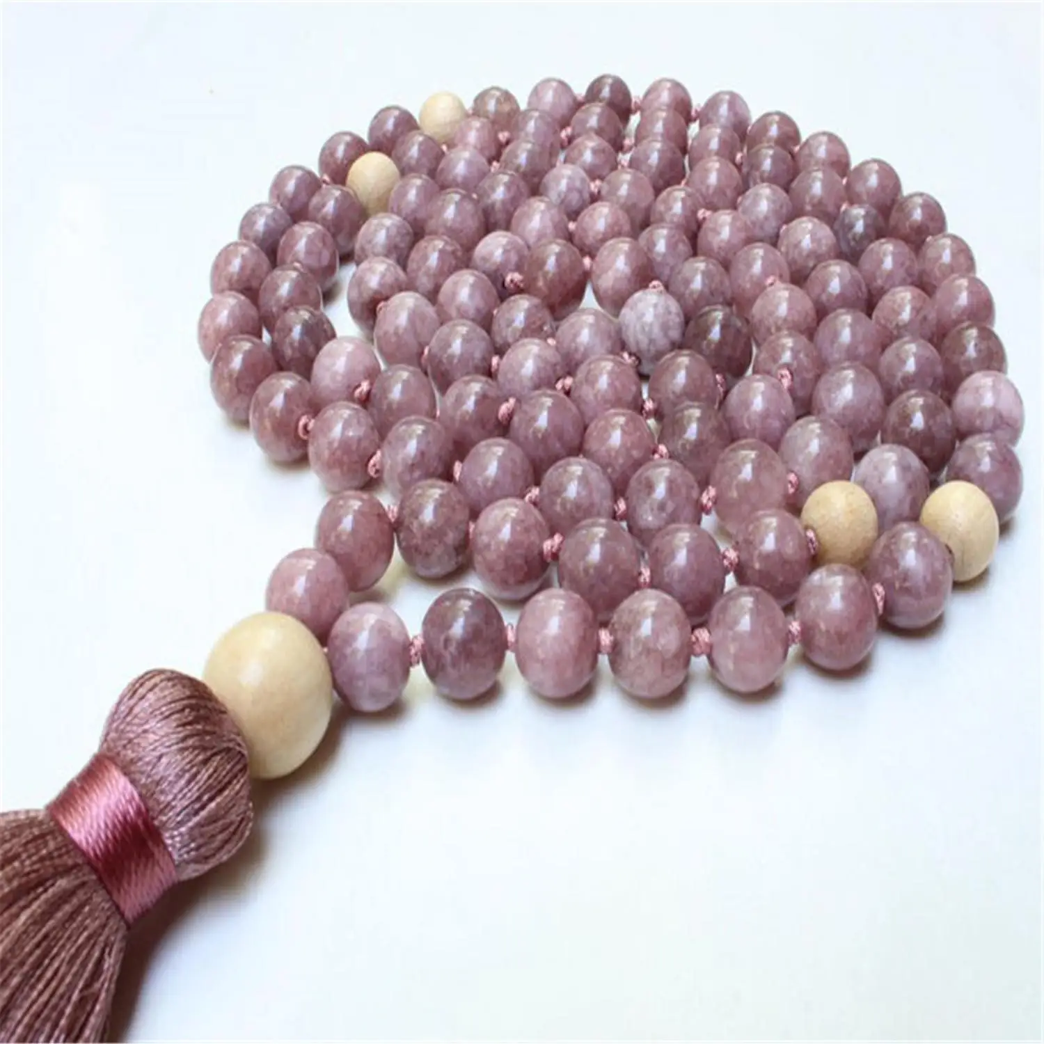 

6mm lithium mica Gemstone knot tassel 108 beads Mala necklace Prayer Retro Japa Yoga Mala Buddhist Tibetan Men