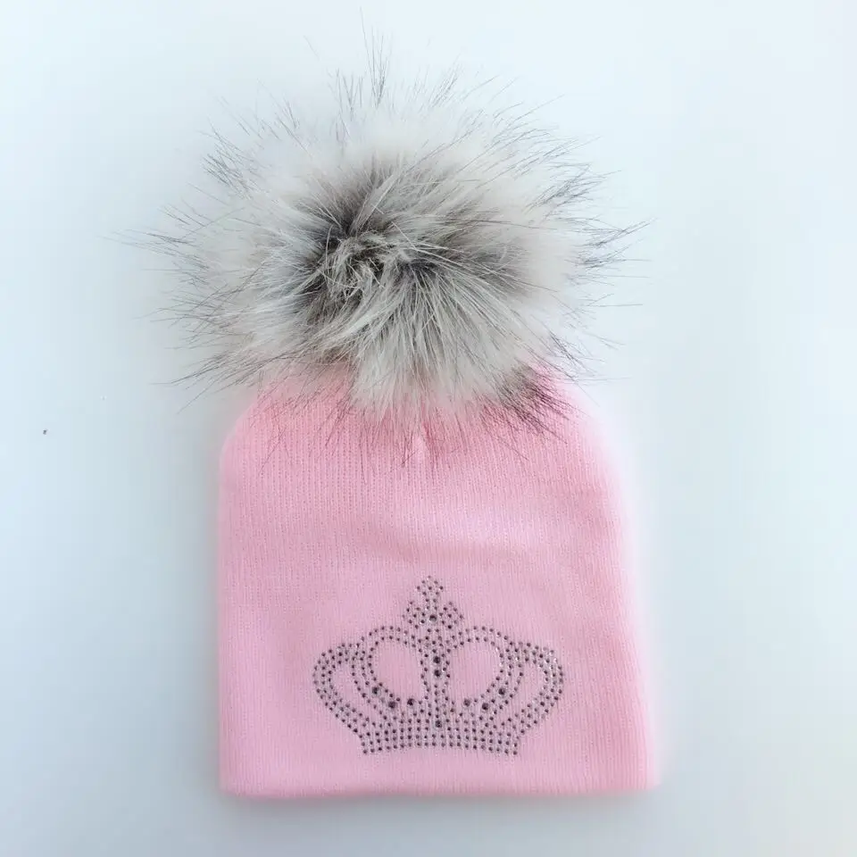 diamond embroidery baby knitted Warm Winter Wool hat cap girl boy kids faux fur pompom children crown beanies casual skullies