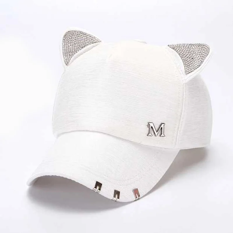 New Women\'s Summer Fall Black White Pink Hat Cat Ears Baseball Cap with Rings and Lace Diamond Cute Girl Hat