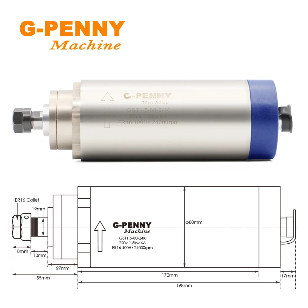 CNC Spindle Motor 220v / 380v 1.5kw ER16 air cooled spindle 4 pcs bearings wood working spindle motor 80mm air cooling 400Hz