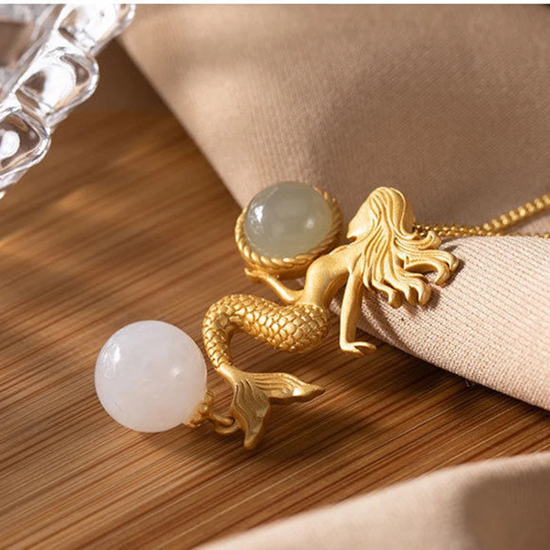 Natural Hetian Jade Mermaid Pendant Necklace Chinese Style Retro Unique Ancient Gold Craft Charm Women Silver Jewelry