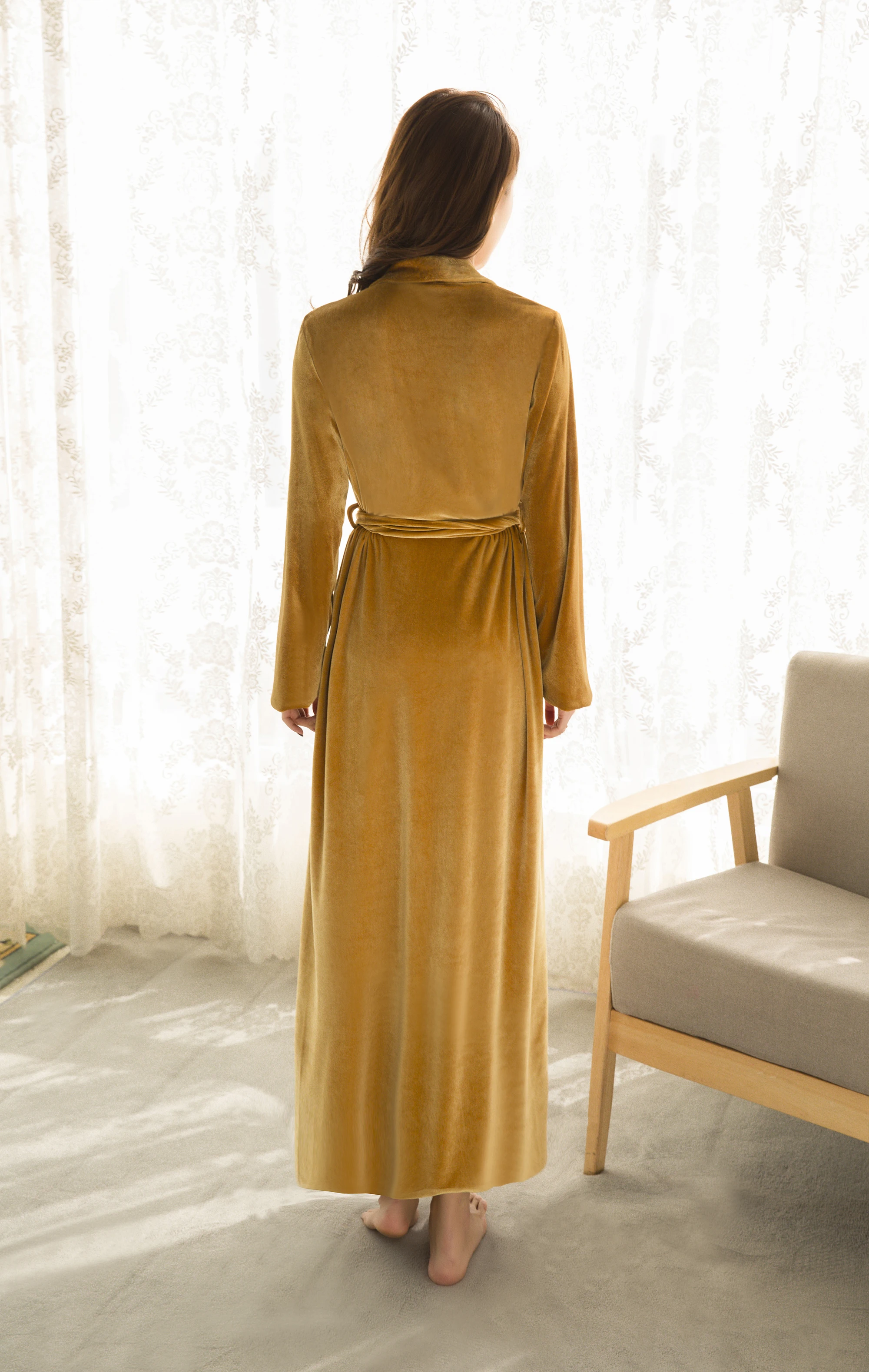 Wunderschöne Hochzeit Nachtwäsche Gold Samt Bademantel Nacht Kleid Für Frauen Lange Ärmeln Nach Maß Frau Samt Pyjamas Robe