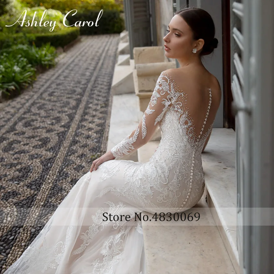 Ashley Carol Sexy Mermaid Trouwjurk 2023 Afneembare 2 In 1 Lange Mouw Romantische Kant Applicaties Wedding Gown Vestido Novia