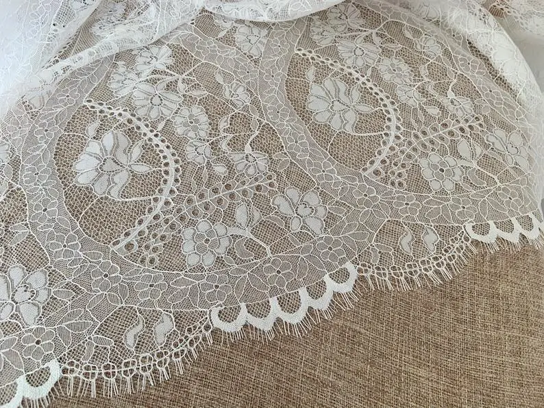 

3 yards Scalloped Chantilly Lace Fabric Black Eyelash Lace Trim Bridal Gown Wedding
