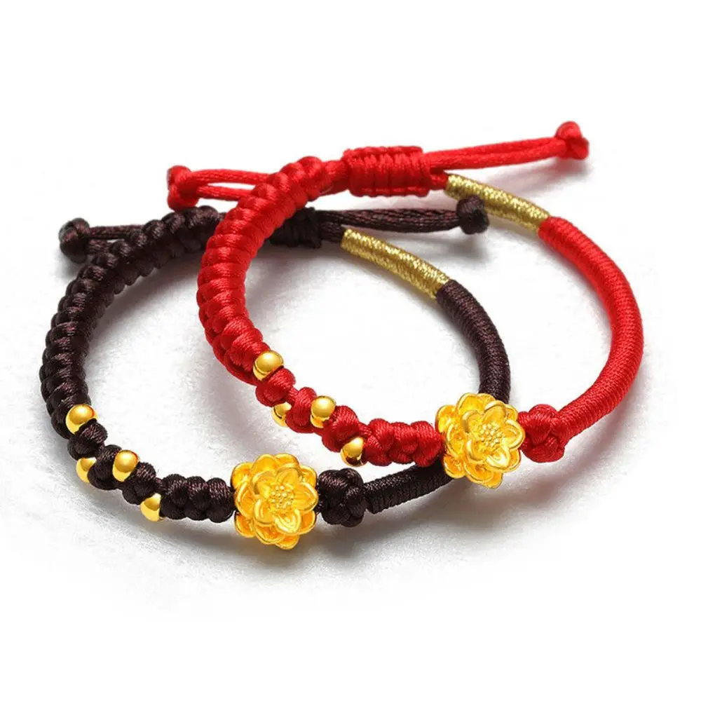 Genuine 24K Yellow Gold Lotus Flower with 4pcs Round Beads Brown Cord Bracelet Length from 5