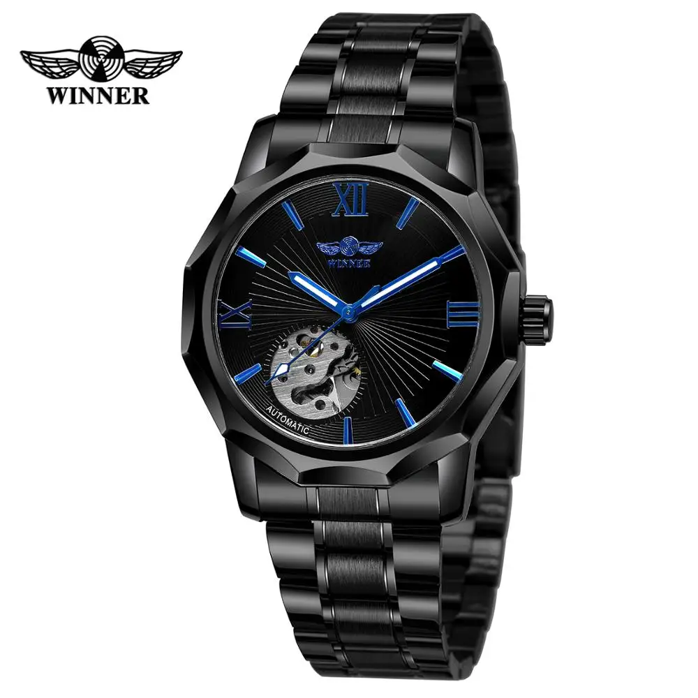 WINNER Business men\'s and women\'s black watches folding buckle strap watches automatic mechanical wrist watches