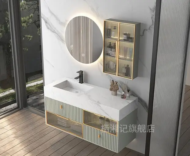 

Rock plate integrated basin bathroom cabinet combination ins light luxury Changhong glass oak table cabinet bathroom washroom