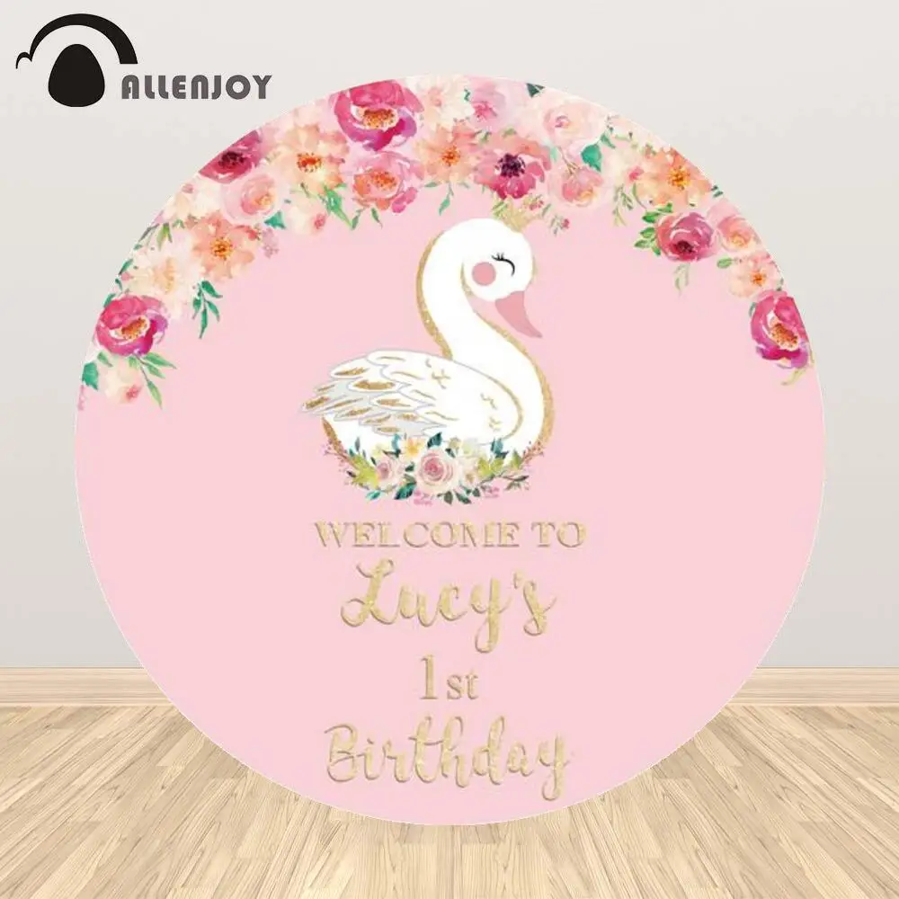 

Allenjoy Birthday Swan Crown Round Circle Backdrop Girl Pink Princess Newborn Baby Shower Party Supplies Custom Decor Background