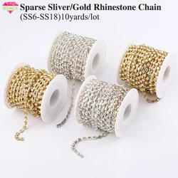 RESEN SS6-SS18 Silver/Gold Base Sparse Clear Crystal Rhinestone Chain Apparel Sewing Glass Rhinestone Cup Chain Crystal AB