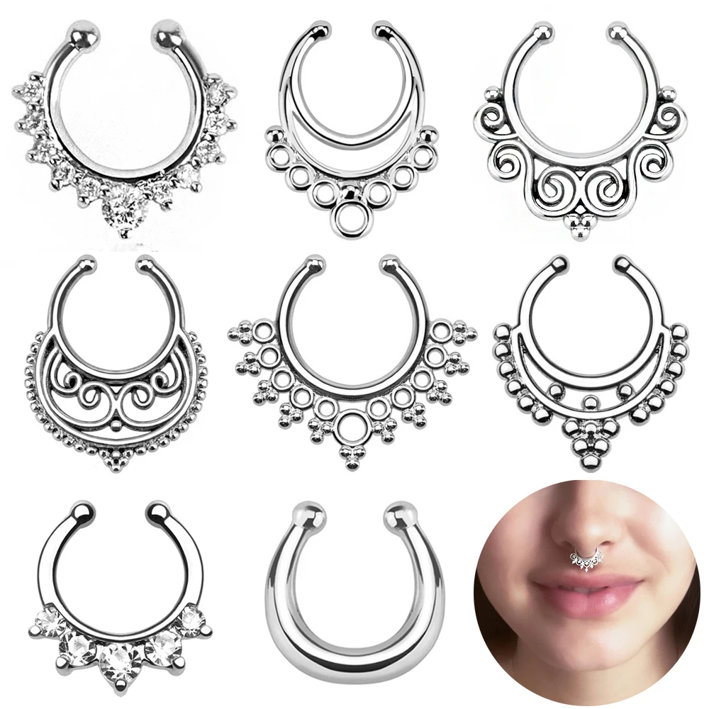 Mieszane style przegroda fałszywy Piercing 16g złoty kolor stal Falso przegrody pierścienie nosowe wiele kształtów Clicker dla mężczyzn biżuteria do ciała Piercing