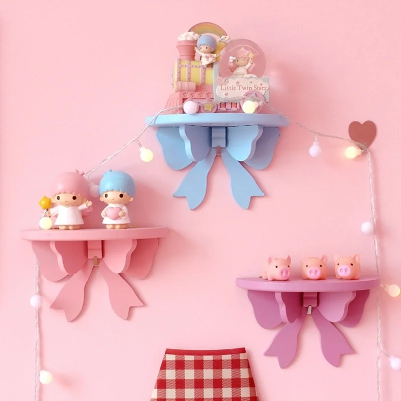 Cute Bow Wall Shelf Storage Racks Nordic Wooden Toy Display Decorative Shelves Birthday Party Girl Kids Pink Room Decor Frame