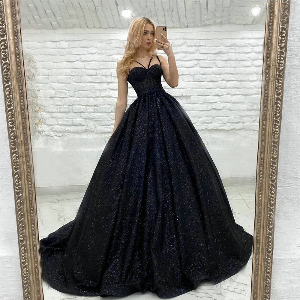 

Black Sequins Spaghetti Straps Evening Dresses Sleevesless Back Open Ball Gown Formal Prom Dress Custom Size Robe De Soiree