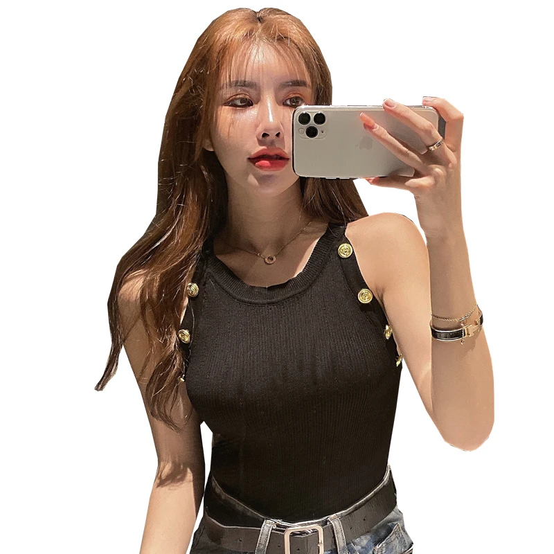 Summer Women\'s Knitting O-neck Off-shoulder Tank Tops Female Bodycon Knitted Buttons Camisole Sleeveless Tee shirts Women