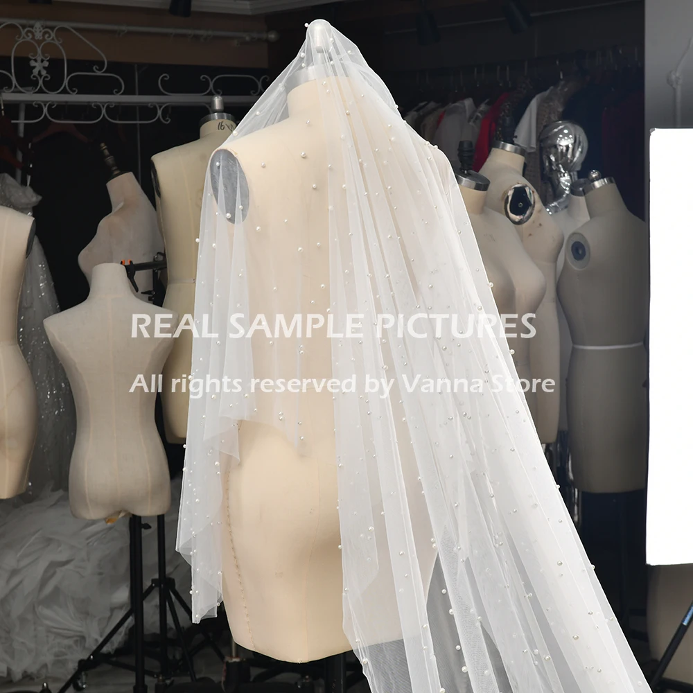 Pearls Tulle Bridal Veil One Layer Soft Mesh Custom Made Length Blusher Romantic Wedding Accessory For Bride