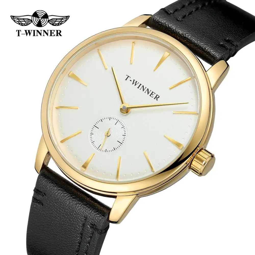 T-WINNER fashion simple casual men\'s and women\'s watches white dial gold case black strap automatic mechanical watch