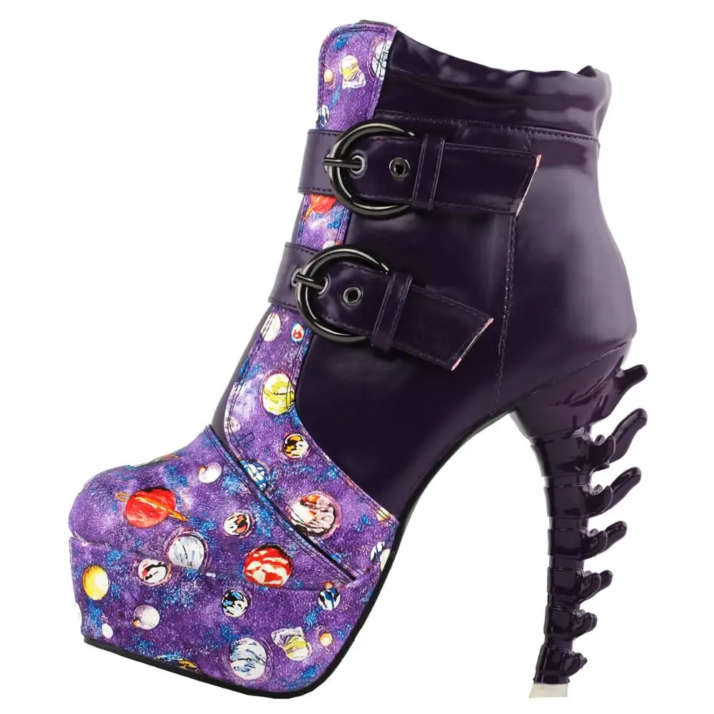 LF80685 SHOW STORY Punk Vintage Rockabilly Purple Strap Buckle High-top Bone Platform Ankle Boots