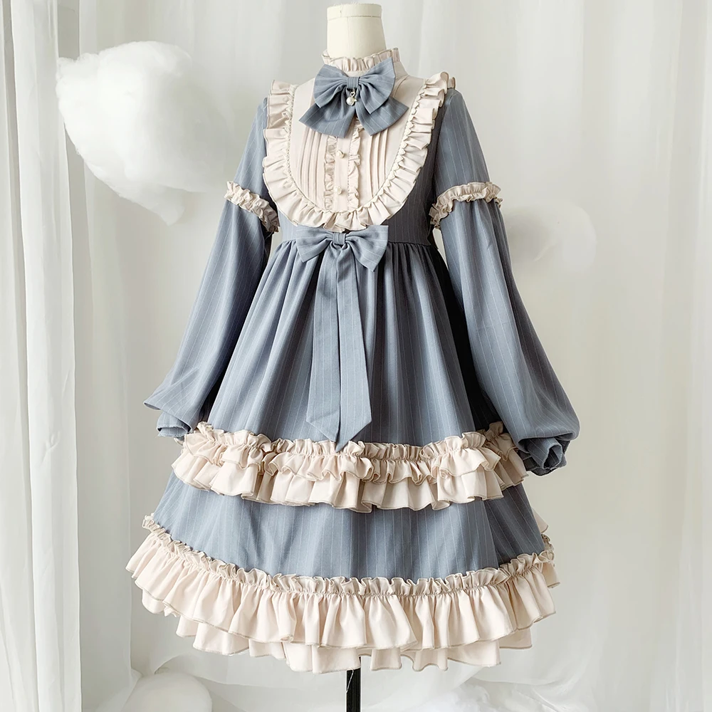 Robe princesse lolita rétro pour filles, tenue victorienne à rayures, taille haute, avec nœud papillon, style gothique, kawaii, op loli cos