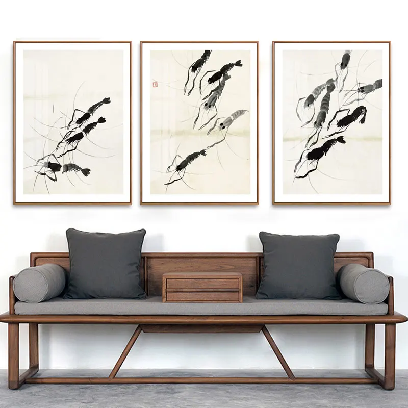 Chinese style Ink Blue Shrimp Posters Prints Canvas Paintings Wall Art For Living Room Decor For Bedroom Aesthetic Artwork