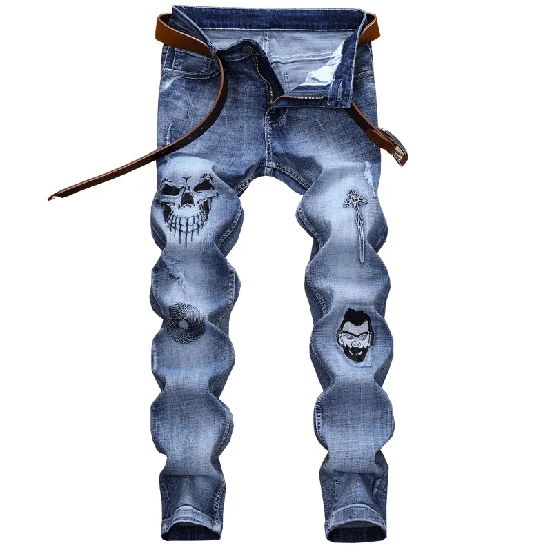 Pantalones vaqueros de estilo para hombre, Jeans rectos con bordado de Calavera, elásticos, otoño e invierno, 2020