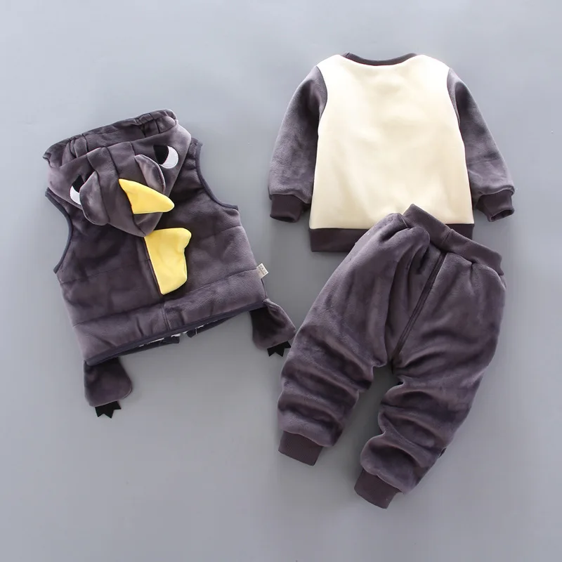 Baby Boys Clothing Sets Winter Plus Velvet Thick Warm 3Pcs Outift Cartoon Dinosaur Children Clothes Sport Tracksuit Set For Kids