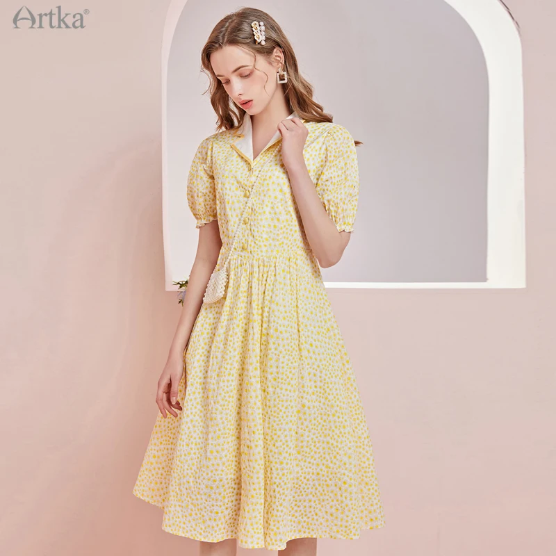 

ARTKA 2021 Summer New Women Dress French Elegant V-Neck Yellow Midi Dresses Vintage Puff Sleeve High Waist A-Line Dress LA22318C