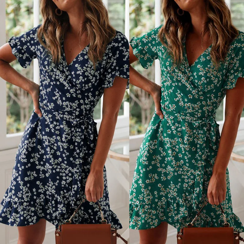 Boho Bloemenprint Ruches Vrouwen Jurk 2024 Zomer Sexy V-Hals Korte Mouw Een Lijn Chiffon Mini Jurken Strand Vacatio