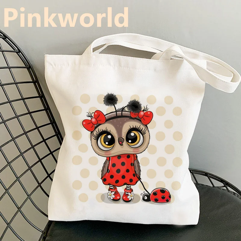 Bolso de lona con estampado de búho para mujer, bolsa de hombro, color blanco y negro, Harajuku