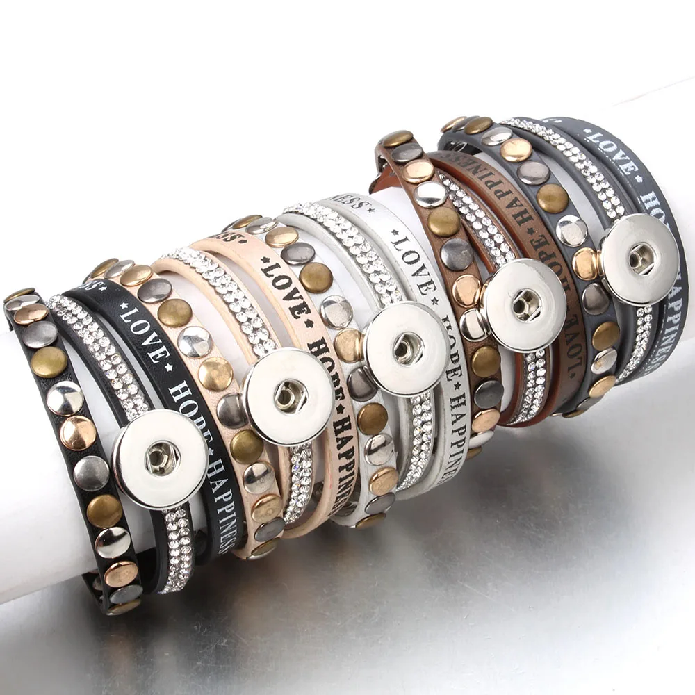 Leather Snap Button Bracelet For Women DIY Charm 18MM 12MM Snaps Crystal Boho Multi Layer Wrap Bracelet Femme Jewelry ZE484