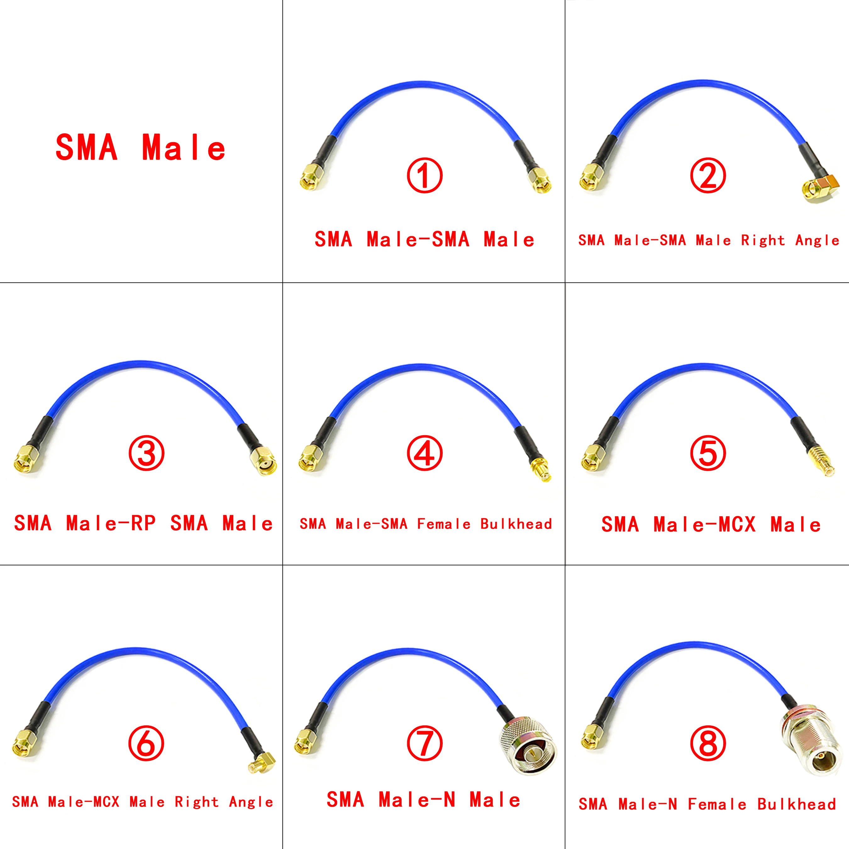 

1pc SMA Male Switch SMA N MCX Male Female Straight Right Angle Pigtail Cable RG402 Blue Jack 20cm Low Loss For WIFI Wireless New