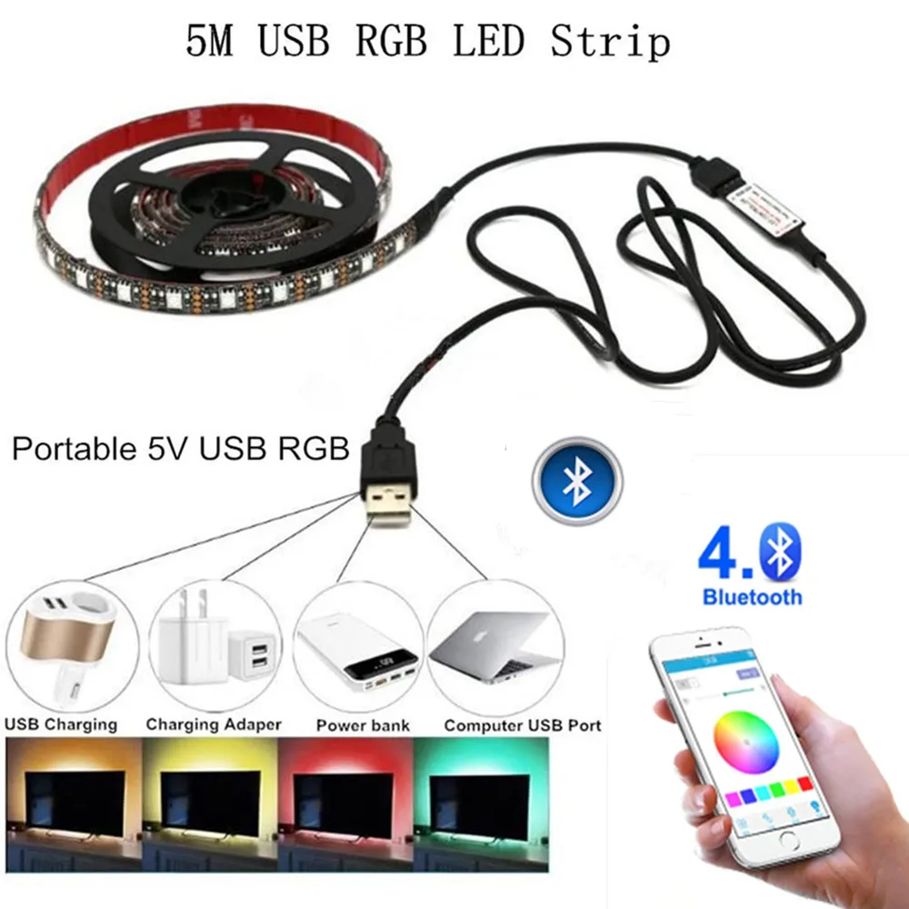 

5V LED RGB Strips USB Light Waterproof 5050 Bluetooth Controller USB 5 V Neon 50CM 5MLed Light Strip RGB Ribbon TV Backlight