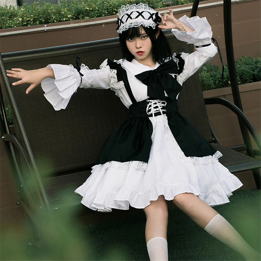 Halloween Maid Cosplay Women Anime Cute Japanese Costume Cafe Waiter Uniform Set Girls Kawaii Lolita Dress Carnival Party