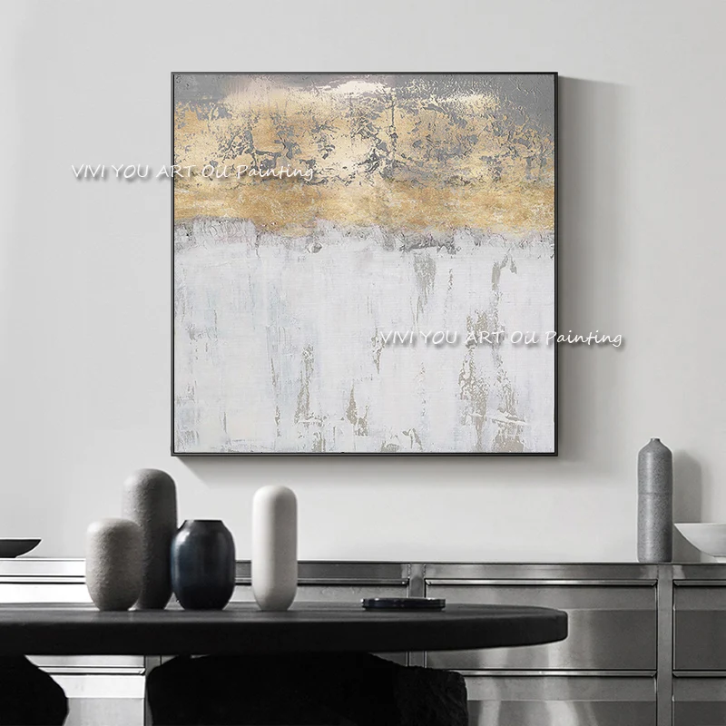 

Abstract Simple Gold Foil Ocean oil painting Grey Canvas 100% Handmade Modern for Living Room Wall Pictures Home Decoration