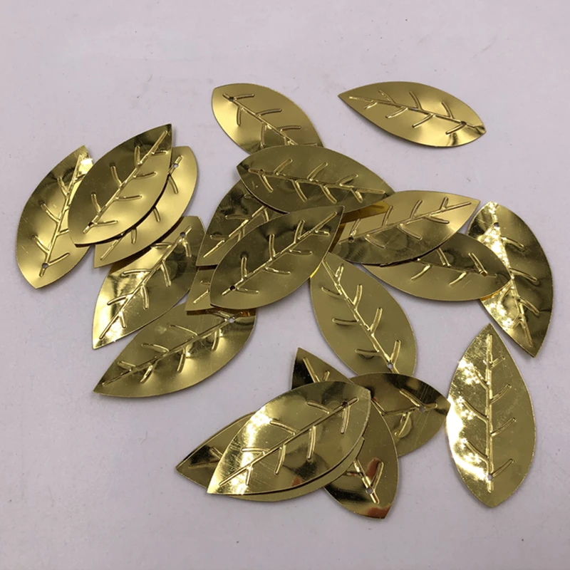 50pcs/Bag 20*45mm Golden Light Leaf Shape Sequins PVC Paillettes 1 Hole Sewn Cloth Wedding Clothing DIY Lentejuelas Accessory