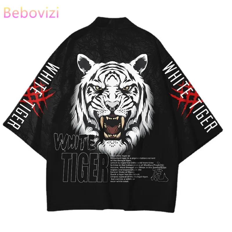 

White Tiger Print Samurai Clothing Traditional Haori Kimono Women Men Japanese Style Street Wear Cosplay Cardigan Yukata Tops