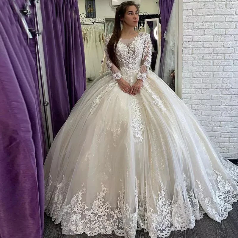 Myyble 2022 vestido de baile vestidos de casamento jóia pescoço sheer mangas compridas rendas apliques oco voltar vestidos de noiva novia