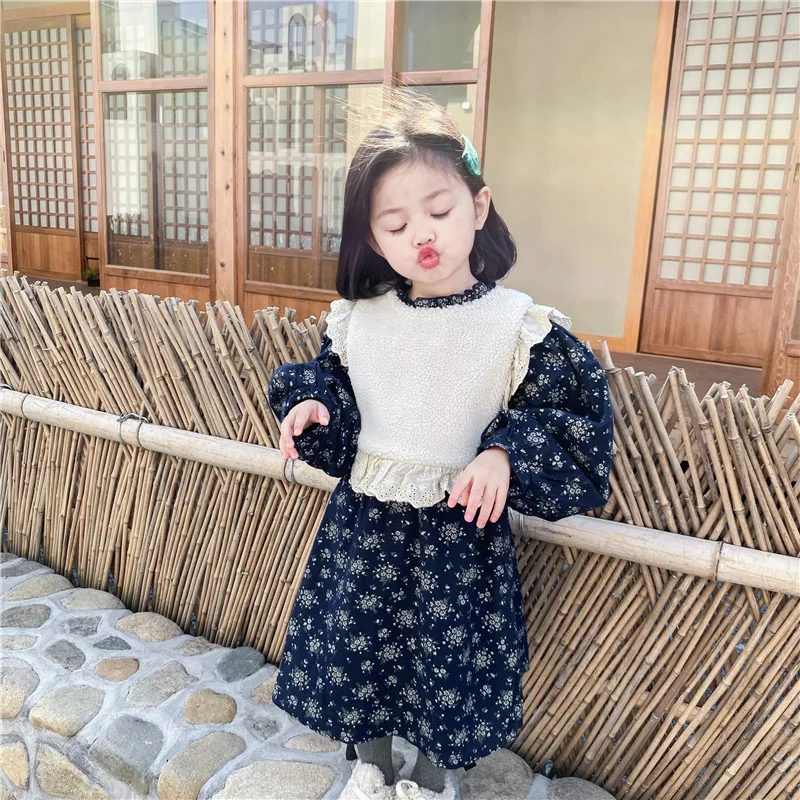 

Girls Dress Clothes Autumn Winter Floral Long Sleeve Dress Plush Vest Girl Floral Dress Two-piece Set Kid Clothes