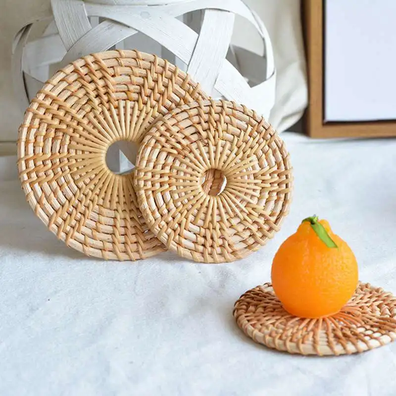 Round Natural Rattan Coasters Bowl Pad Handmade Insulation Placemats Table Padding Cup Mats Kitchen Decor Accessories