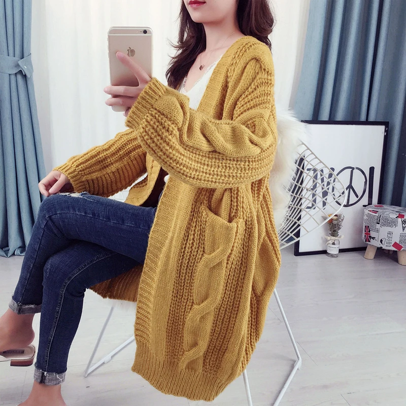 Koreanischen Winter Herbst Strickjacke für frauen Pullover 2019 Elegante Vintage Gestrickte Lose Dicken Langen Pullover Mantel 02235223L