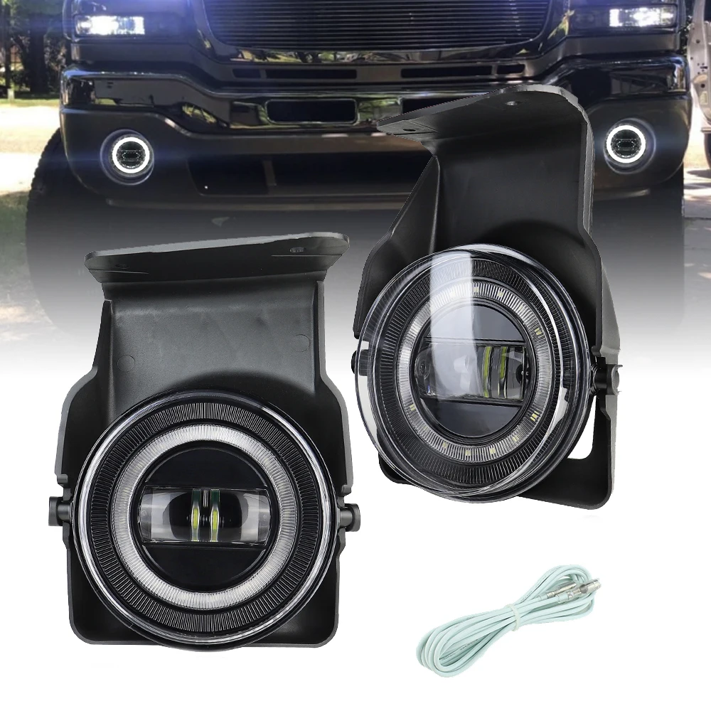 LED Fog Lights Bumper Lamps with Halo DRL for GMC Sierra 1500 2500 3500 2003-2006