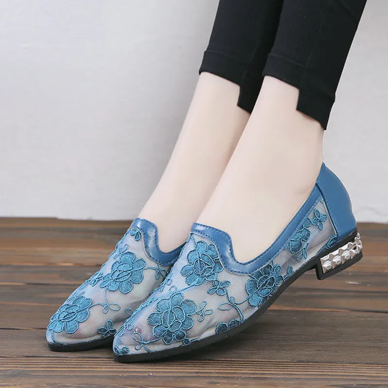 Women Casual Blue Mesh Breathable Flat Shoes Sapatos Femininos Lady Classic Pointed Toe Black Flats Zapatos De Mujer E6128