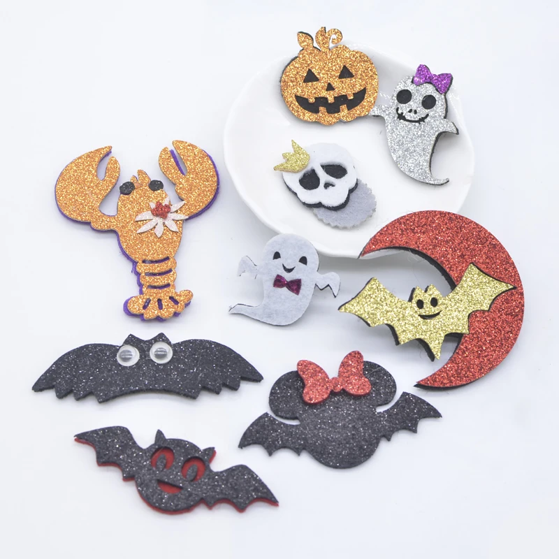 10Pcs Cartoon Ghost Skull Bat Pumpkin Lobster Applique for DIY Clothes Hat Patches Halloween Headwear Hair Clips Bow Accessories