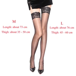 Plus Size Oil Shiny Thigh High Stockings Lace Top Silicone Hold Up Medias Women Sexy Ultra Thin Transparent Underwear