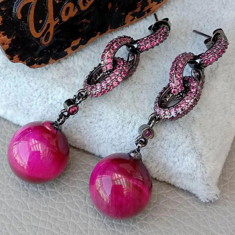 YYGEM Fuchsia Cubic Zirconia pave Round Red Tiger's Eye Fuchsia  Ring gunmetal color Stud Earrings cute Jewerly For Women