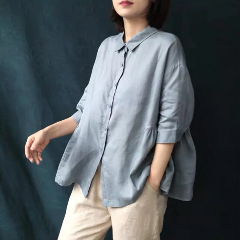 Women Cotton Casual Shirts New 2021 Summer Simple Style Turn-down Collar Loose Ladies Half Sleeve Elegant Tops B879