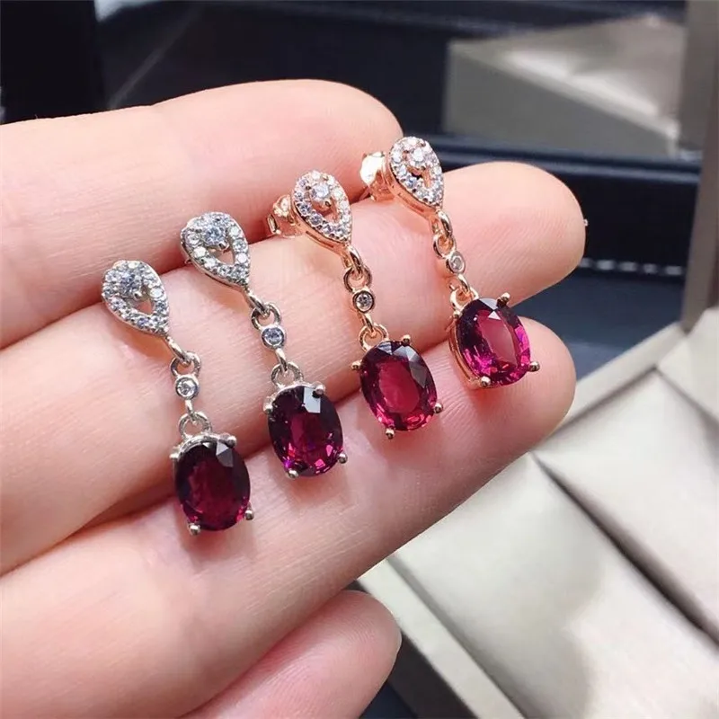 

Xinyipeng S925 sterling silver plated white gold rose gold inlaid real natural garnet earrings fine wedding gift for women 6*8mm