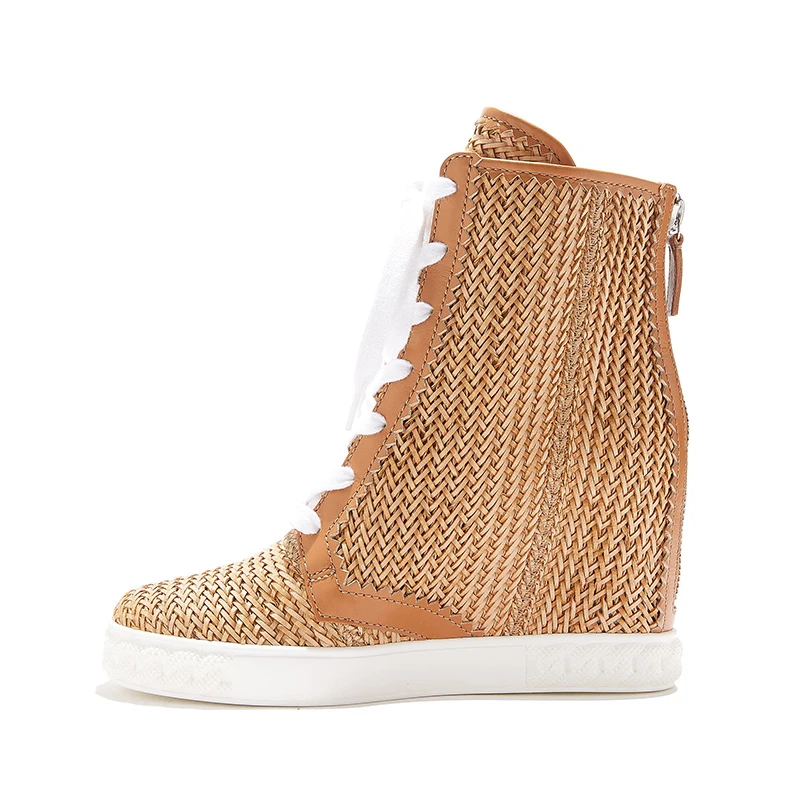 Popular Woman Cane Leather Cross Braided Hidden Wedge Ankle Boots Rattan Plaited Lace Up Boots Zipper High Top Sneaker