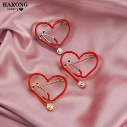 Harong Red Stethoscope Lapel Pins Brooch Doctor Medical Equipment Jewelry Heart Shaped Badge Internist Pins Student Accessories